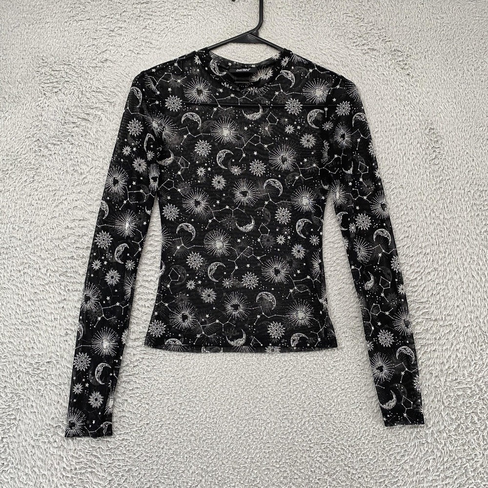 Just Polly Top Womens M/L Celestial Mesh Long Sleeve Black Astrology Zodiac